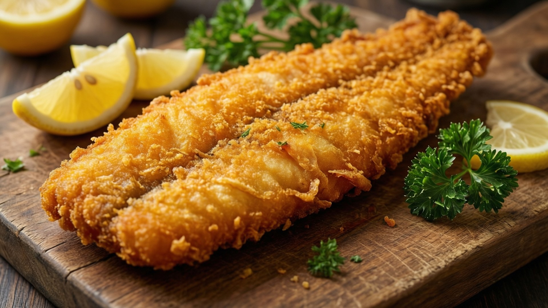 木板上兩塊酥脆炸魚柳，配以檸檬和歐芹裝飾