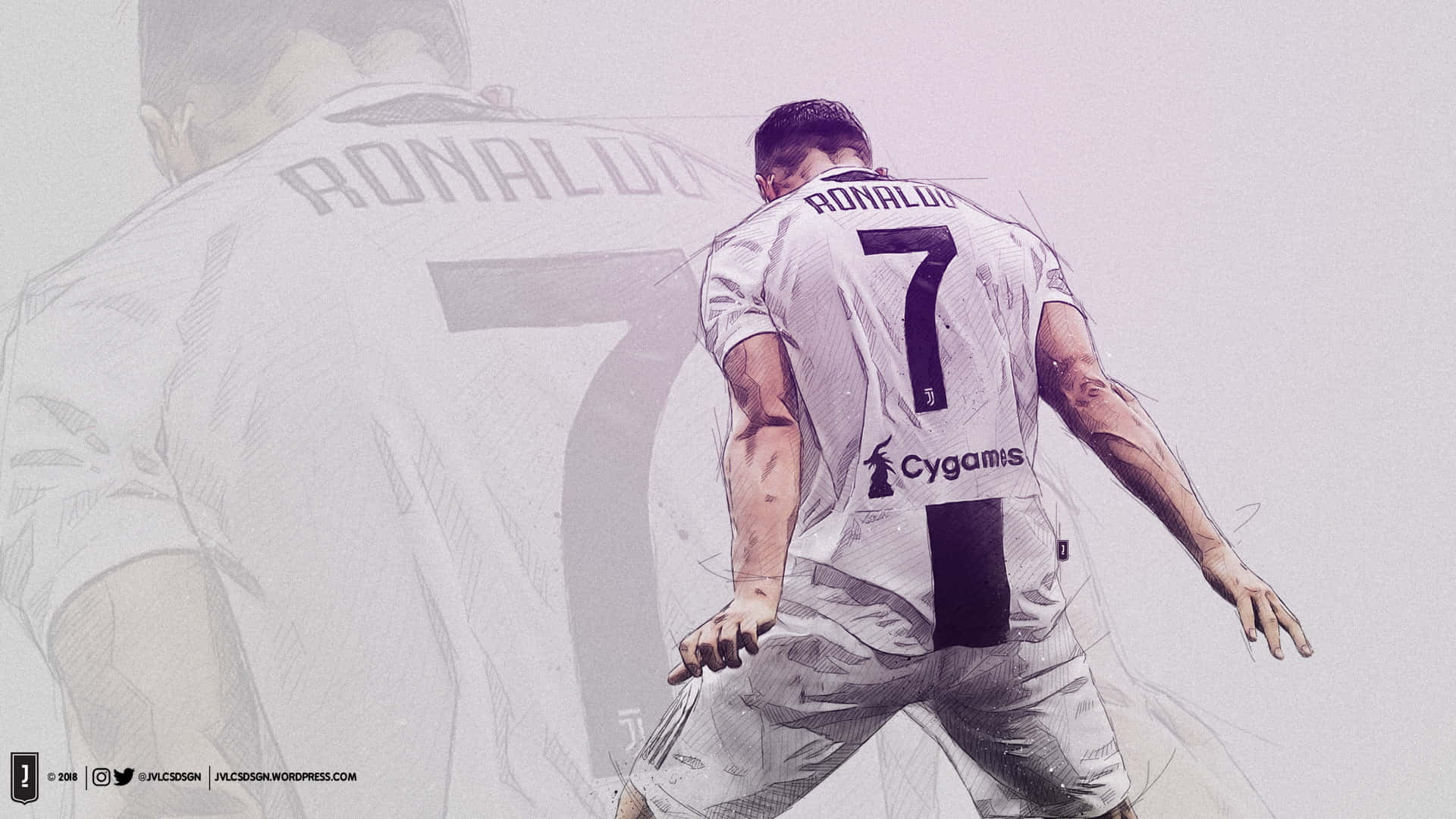 Cristiano Ronaldo - Juventus HD wallpaper 壁紙 — 一個風格化的插圖，描繪一名身穿白色球衣、背後印有7號和朗拿度名字的足球員向前奔跑，身後有一個褪色的鬼影般的自己。