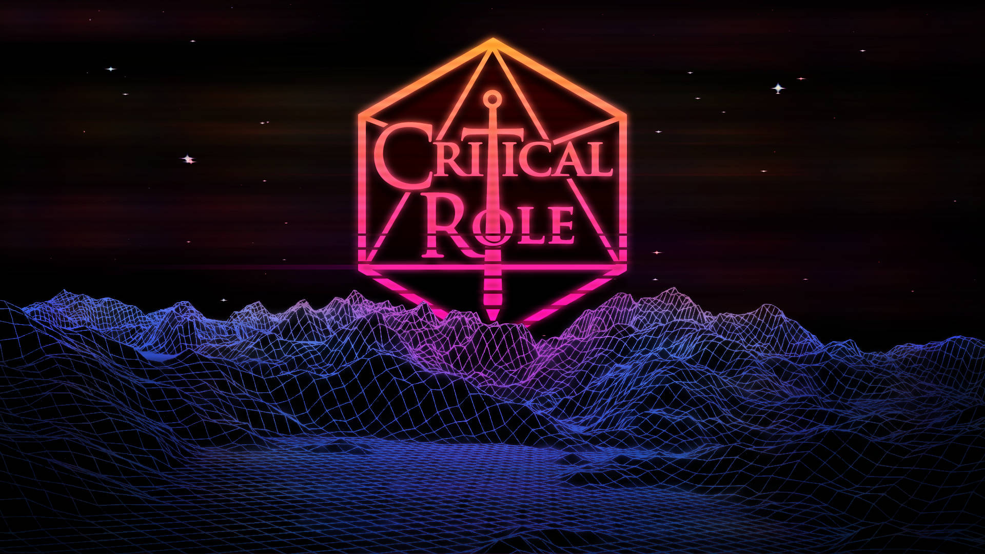 Critical Role標誌在夜間的線框山景上發光。
