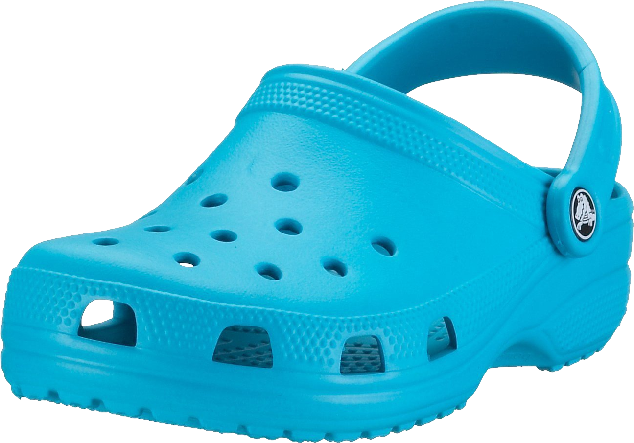 單隻藍色Croc涼鞋 壁紙 — 一雙明亮的藍綠色Croc木屐鞋，帶有通風孔和紋理鞋底，展示在乾淨的白色背景上。