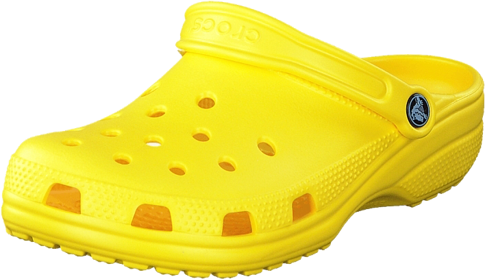 黃色Croc單側視圖 壁紙 — 一雙亮黃色Crocs木屐鞋，帶通風孔和品牌標誌，顯示在透明背景上。