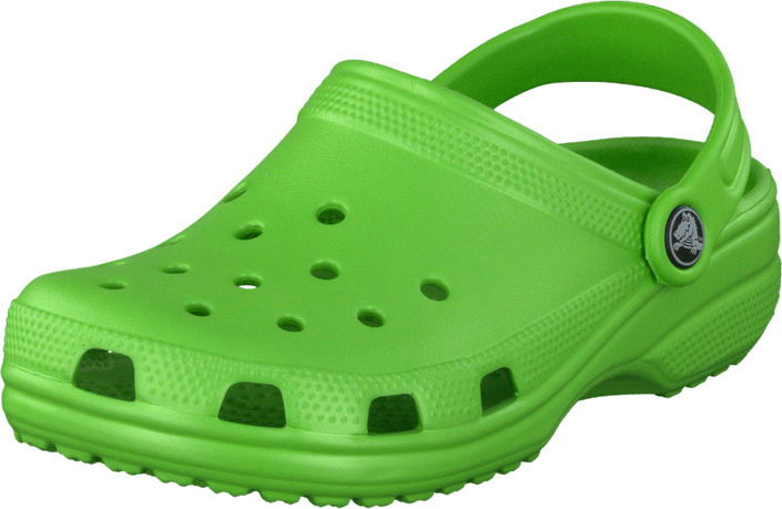綠色 Croc 沙灘涼鞋側視圖 壁紙 — 一雙鮮亮的青檸綠色Crocs木屐鞋，帶有通風孔和品牌標誌，背景為純綠色。
