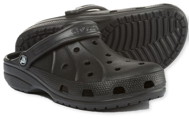 黑色經典Croc涼鞋 壁紙 — 一對黑色Crocs木屐以詳細特寫展示，具有紋理鞋底和標誌性通風孔。