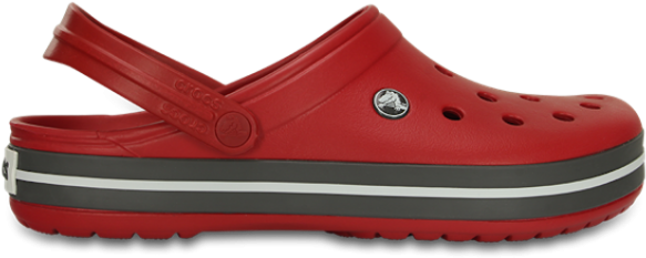 紅色厚底Crocs鞋 壁紙 — 鮮紅色Crocs木屐，灰白條紋鞋底，以乾淨產品照展示。
