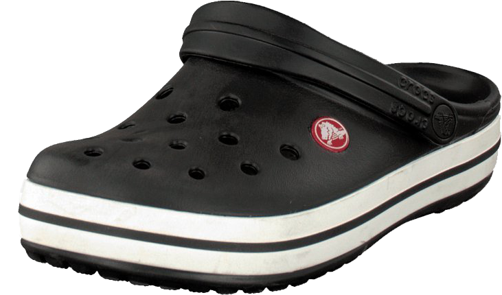 黑色厚底Crocs鞋 壁紙 — 一對黑色Crocs木屐，帶有白色條紋鞋底和紅色標誌，孤立在透明背景上。