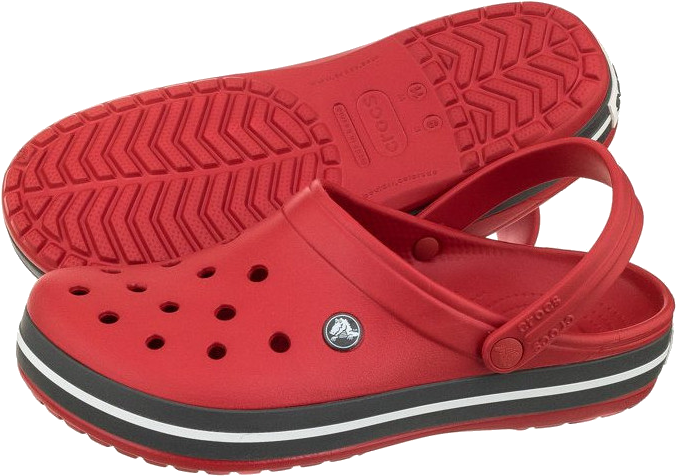 紅色Crocs拖鞋產品照 壁紙 — 鮮紅色Crocs木屐，黑白條紋鞋底，從頂部和底部角度展示在潔白背景上。