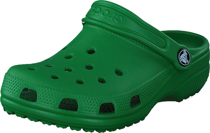 綠色Crocs經典涼鞋 壁紙 — 一雙亮綠色Croc clog鞋在乾淨的攝影棚照片中展示，品牌標誌清晰可見。
