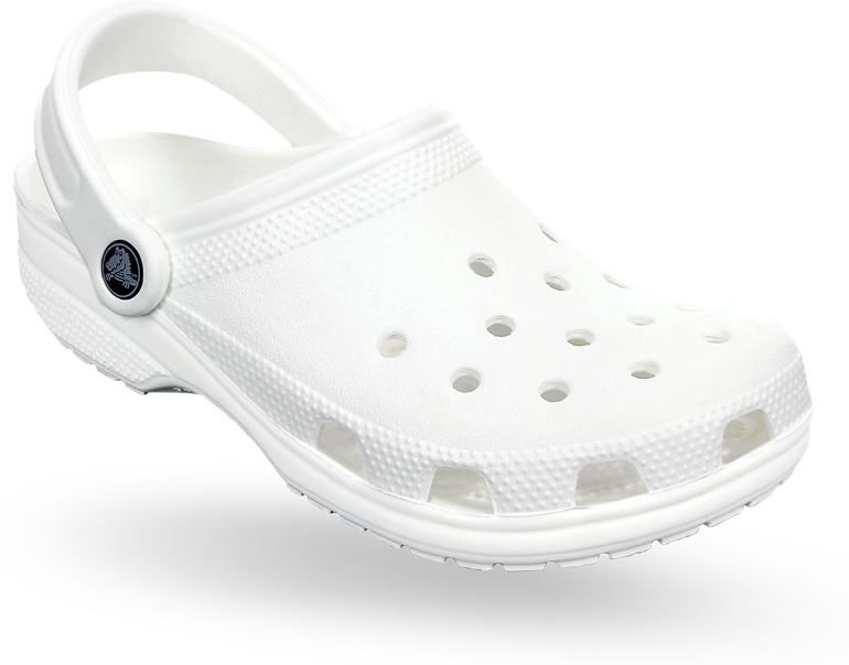 白色經典Crocs涼鞋 壁紙 — 一隻純白色Crocs木屐鞋孤立在黑色背景上，展示其標誌性的穿孔設計和紋理鞋底。