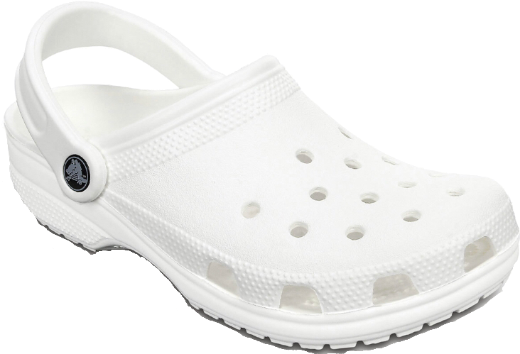 白色經典Crocs涼鞋 壁紙 — 一雙純白色Crocs木屐鞋，在透明背景上獨立展示，展現其標誌性的穿孔設計和紋理鞋底。