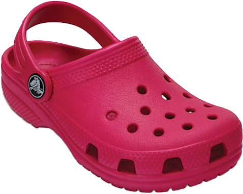 經典紅色 Crocs 沙灘涼鞋 壁紙 — 一雙亮粉紅色的Croc木屐鞋，帶有經典穿孔和標誌徽章，展示在純白色背景上。