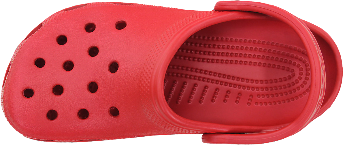 紅色Crocs涼鞋單隻頂視圖 壁紙 — 從上方觀看，黑色背景上的一隻亮紅色木屐鞋，帶有通風孔和紋理鞋底。