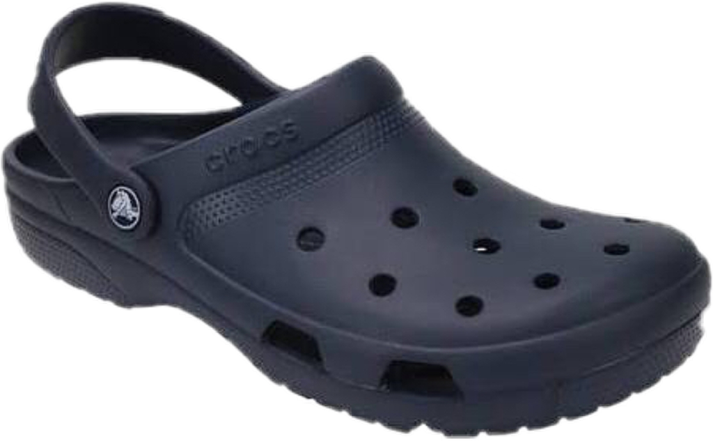 黑色經典Crocs涼鞋 壁紙 — 一隻深灰色Crocs木屐鞋孤立在純白色背景上，帶有可見的品牌標誌和通風孔。