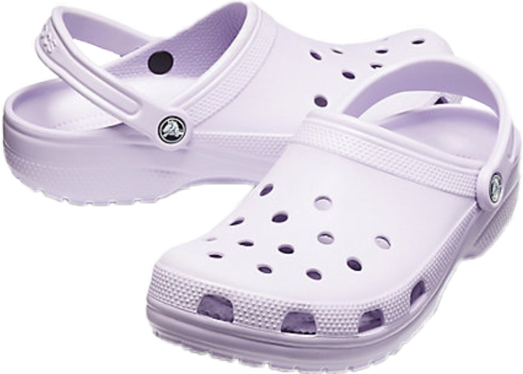 經典白色Crocs鞋款 壁紙 — 一對淺紫色Crocs木屐，帶有經典孔洞和標誌按鈕，顯示在透明背景上。