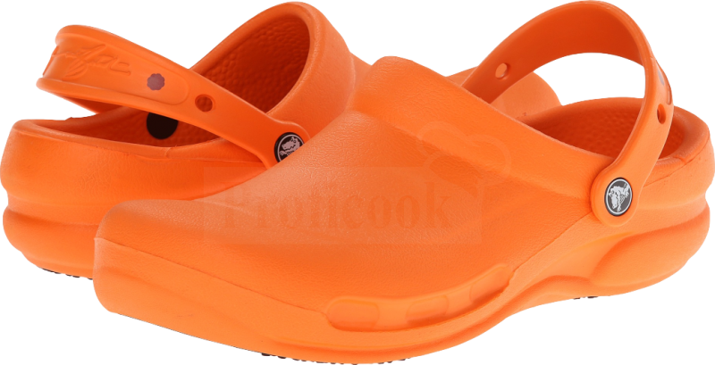 橙色Crocs經典涼鞋 壁紙 — 鮮豔橙色木屐，配有可調節帶子和品牌標誌，展示在純色背景上。