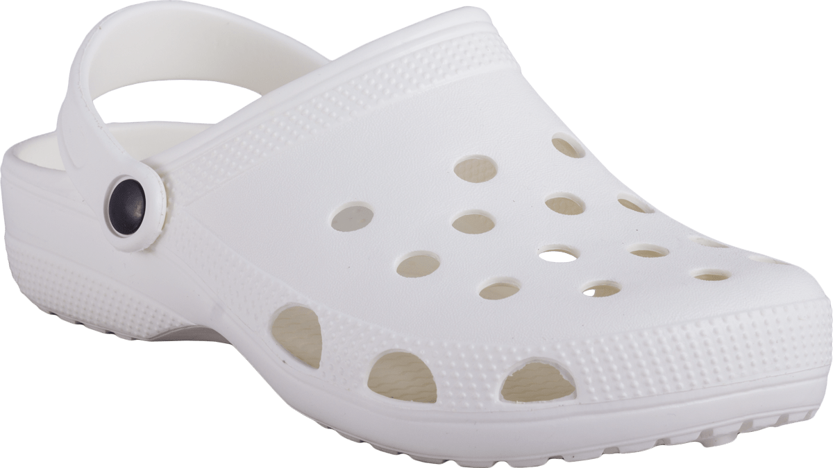 白色經典Crocs涼鞋 壁紙 — 純白色木屐涼鞋，帶通風孔和黑色扣環，背景為純綠色。