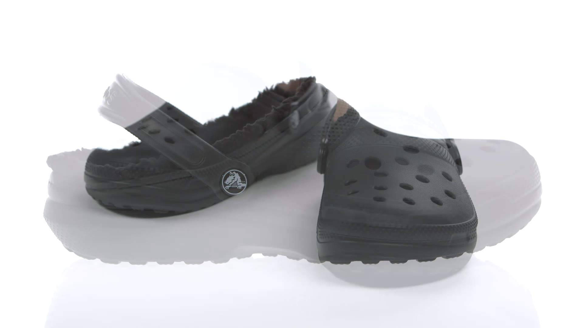 時尚 Crocs 鞋款系列 壁紙 — 一對帶有絨毛內裡的黑色Crocs木屐放在白色反光表面上，背景為純白色。