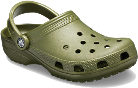 橄欖綠Crocs涼鞋 壁紙 — 一隻橄欖綠色木屐涼鞋，帶有經典穿孔和品牌標誌，展示在潔淨的白色背景上。