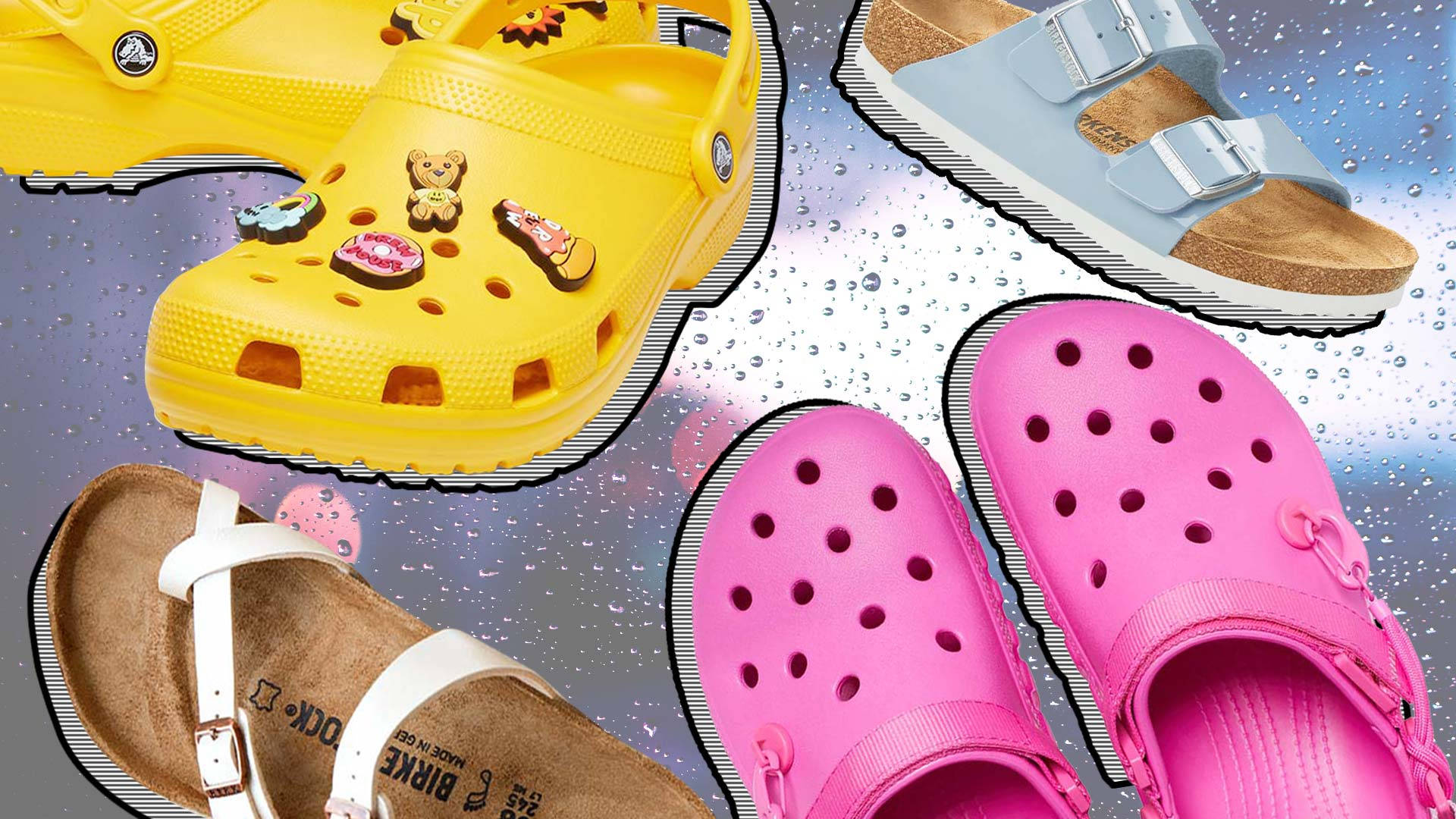 Crocs 與 Birkenstock 壁紙 — 鮮豔的黃色、粉紅色和藍色涼鞋漂浮在閃閃發光的水滴背景上。