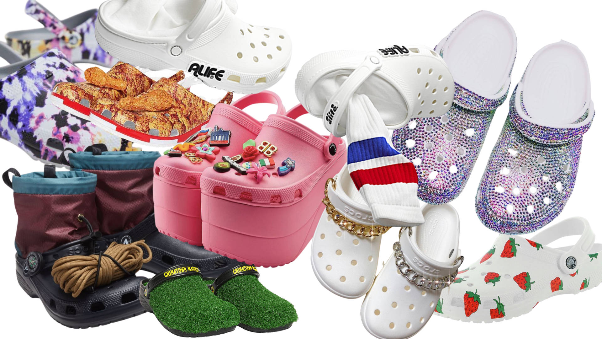 Crocs鞋款系列 壁紙 — 充滿狂野定制 Crocs 的生動拼貼畫，配有閃亮草莓鏈條和炸雞主題鞋底。