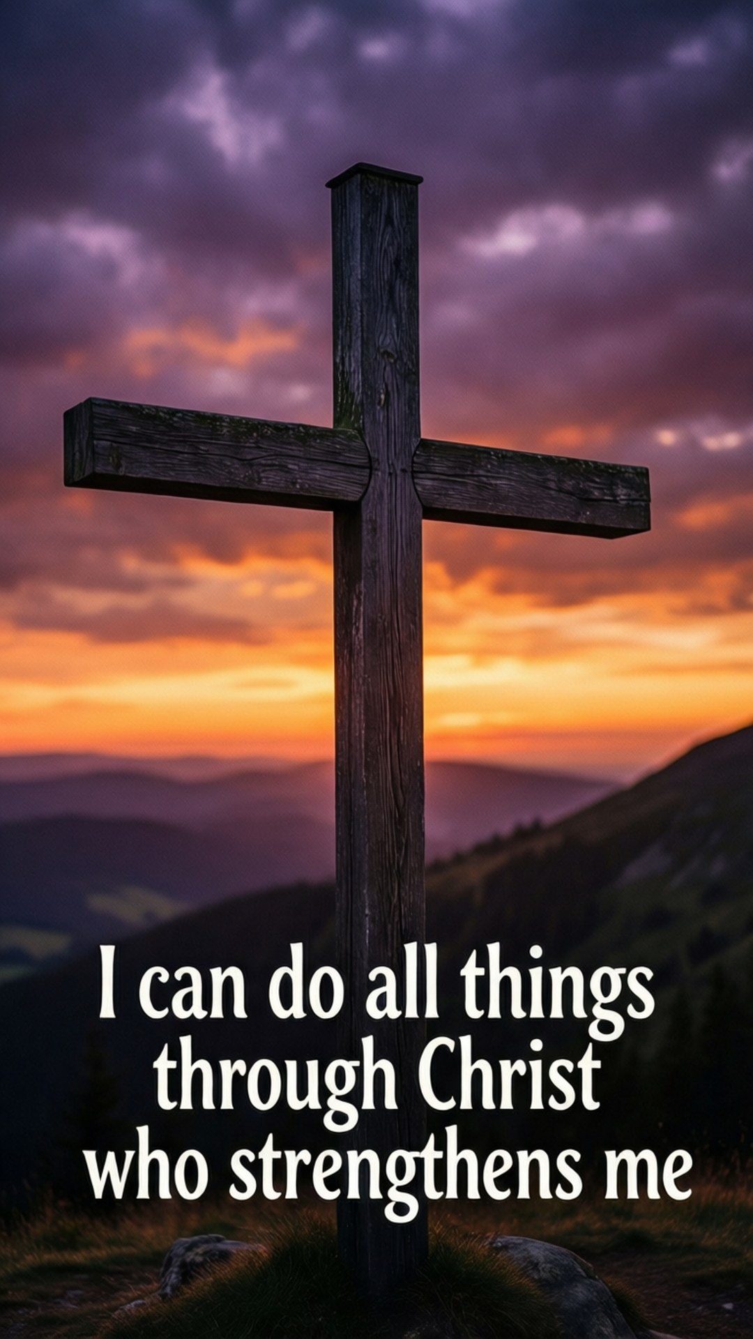 A wooden cross on a hill at sunset with inspirational text overlay. 壁紙