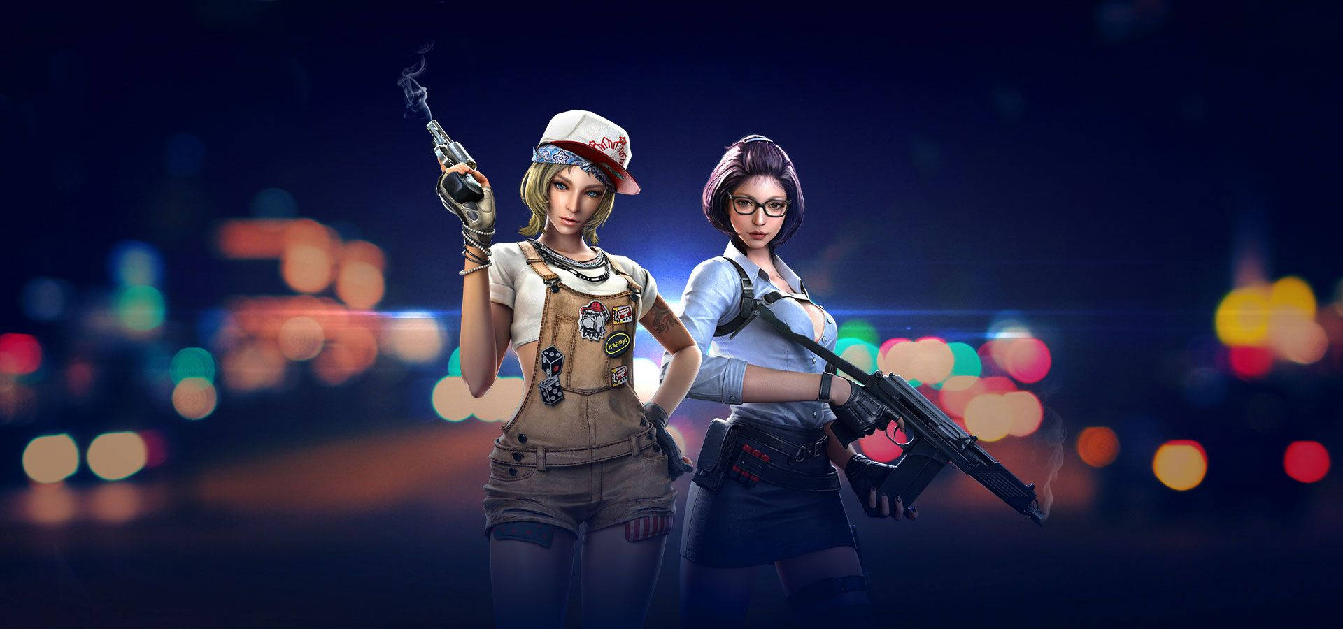 兩名女性遊戲玩家身著戰鬥裝備，手持武器，背景是發光的城市。