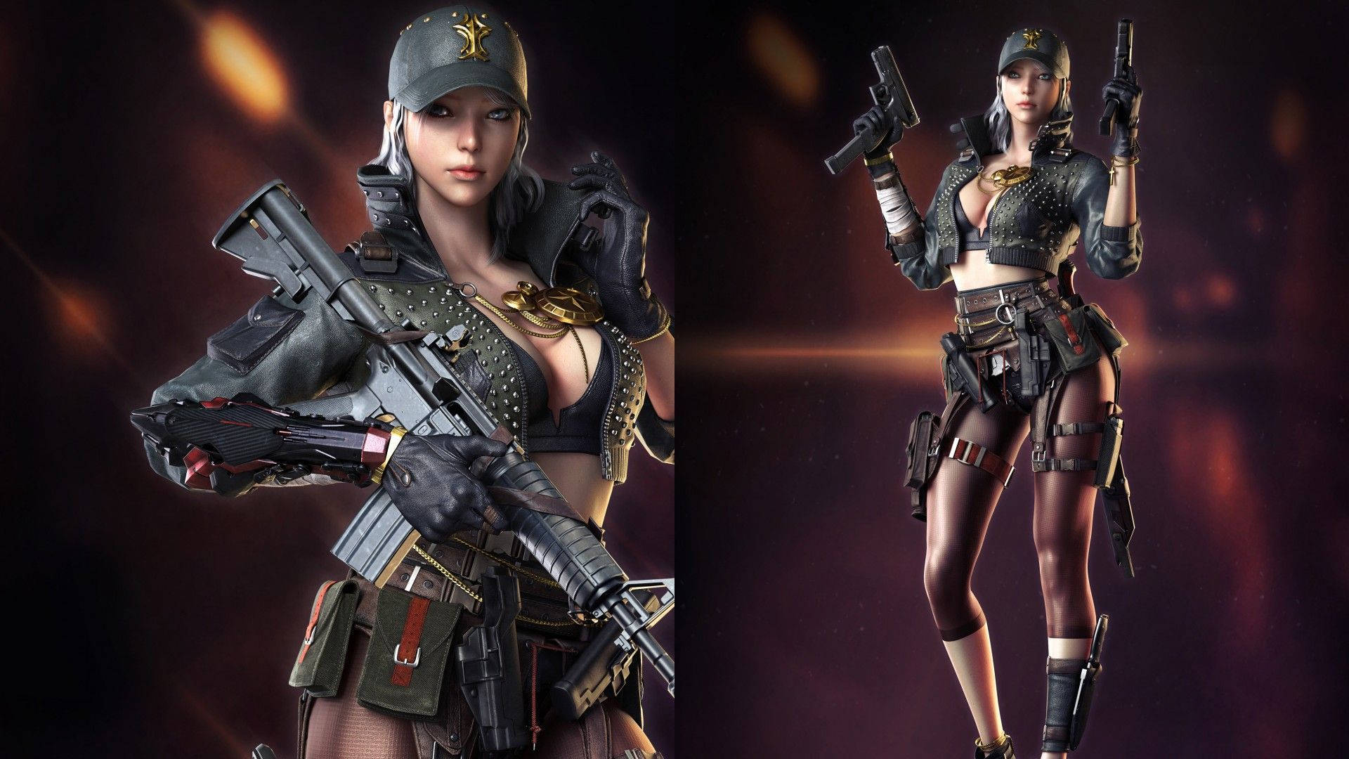 兩名身穿戰鬥裝備的女兵在黑暗發光的環境中持槍。