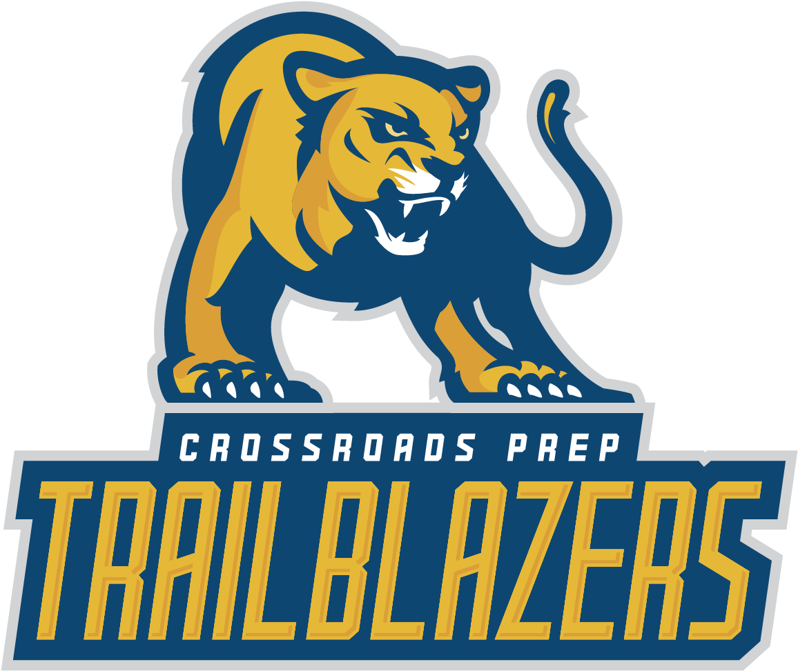 Crossroads Prep Trailblazers 隊徽 壁紙 — 一個兇猛的黃藍色老虎吉祥物標誌，粗體文字寫著 Crossroads Prep Trailblazers。