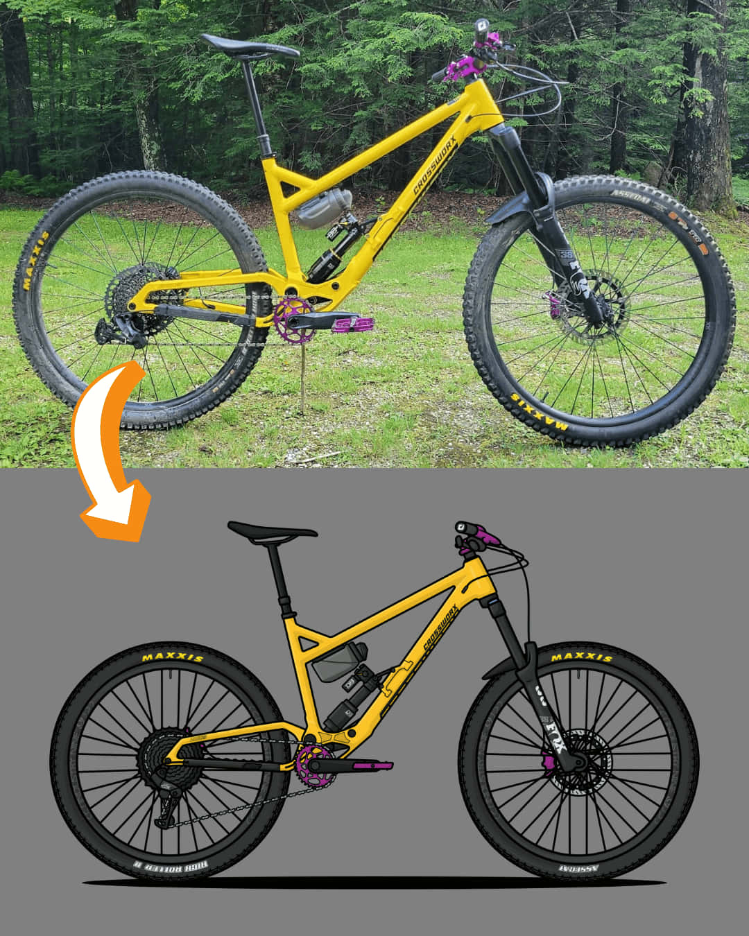 Crossworx Dash 29 最佳機車背景 壁紙 — 一輛亮黃色全避震山地單車帶有紫色點綴，停在森林旁的草地上，上方展示其乾淨的數位線條藝術版本。
