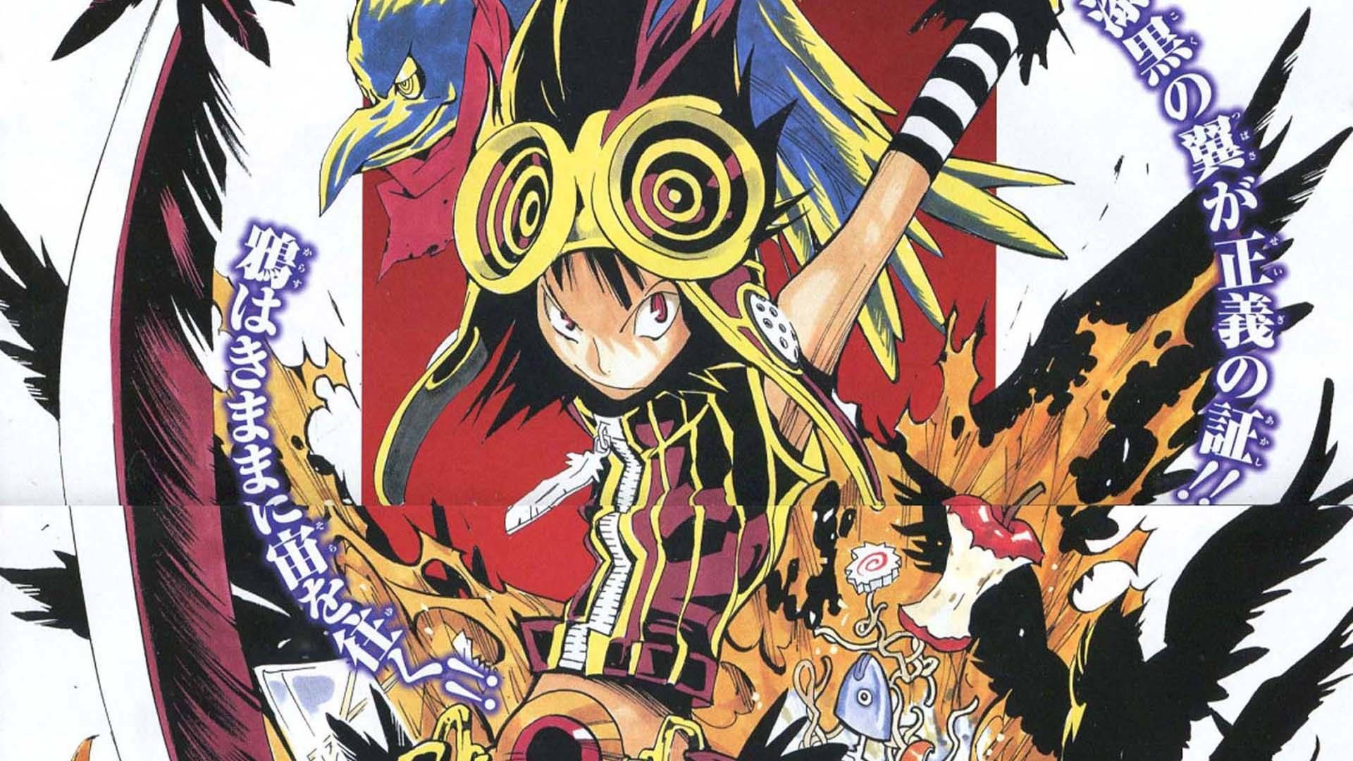 《爆漫王》Crow動畫系列 壁紙 — 一個充滿動感的動漫角色，擁有尖刺頭髮和螺旋護目鏡，在火焰爆炸和日文字幕中揮舞武器。