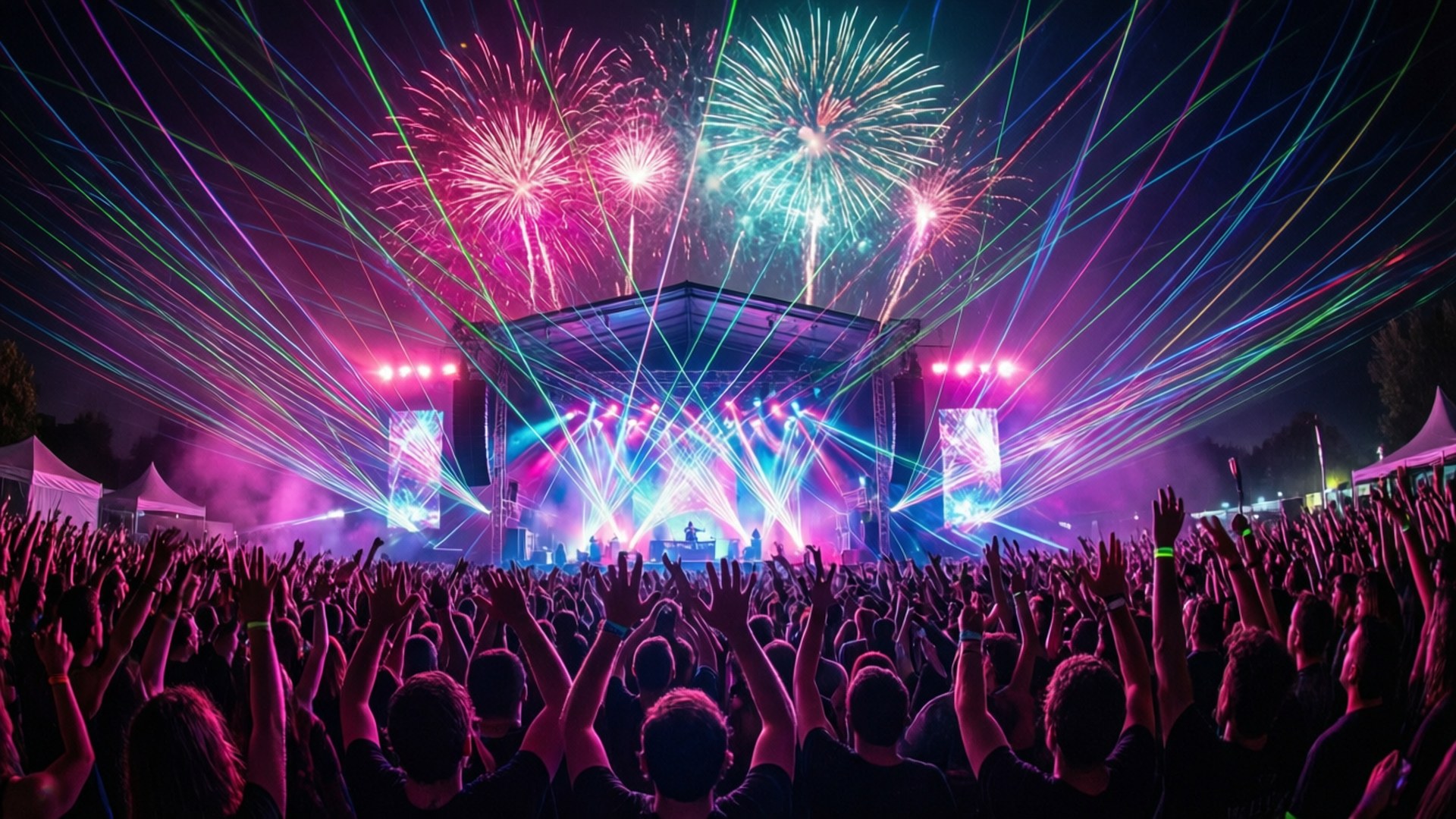 Southside Festival 桌布 壁紙 — 人群在璀璨煙花和激光燈光下湧動，於充滿活力的夜間音樂節中。