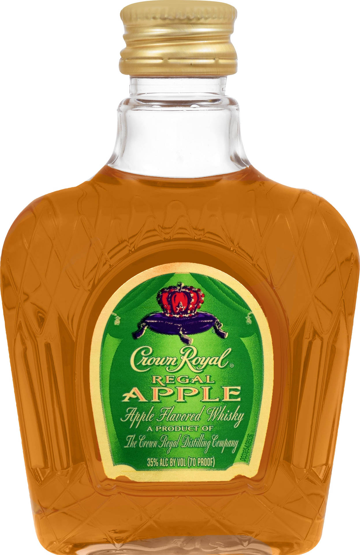 Crown Royal Regal Apple威士忌瓶，綠色標籤和金色瓶蓋。