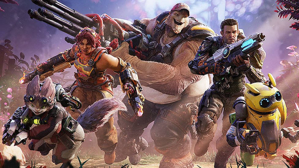 Crucible 遊戲壁紙 壁紙 — 一群多元化的科幻戰士和一個機械人，手持未來武器，穿過發光的外星叢林向前衝鋒。