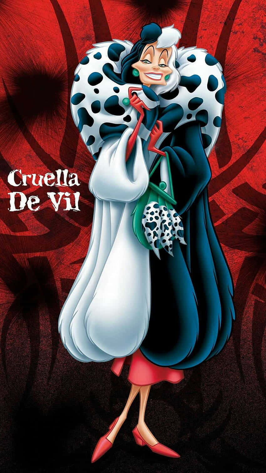 庫伊拉·德維爾身穿標誌性的斑點外套和紅色高跟鞋。