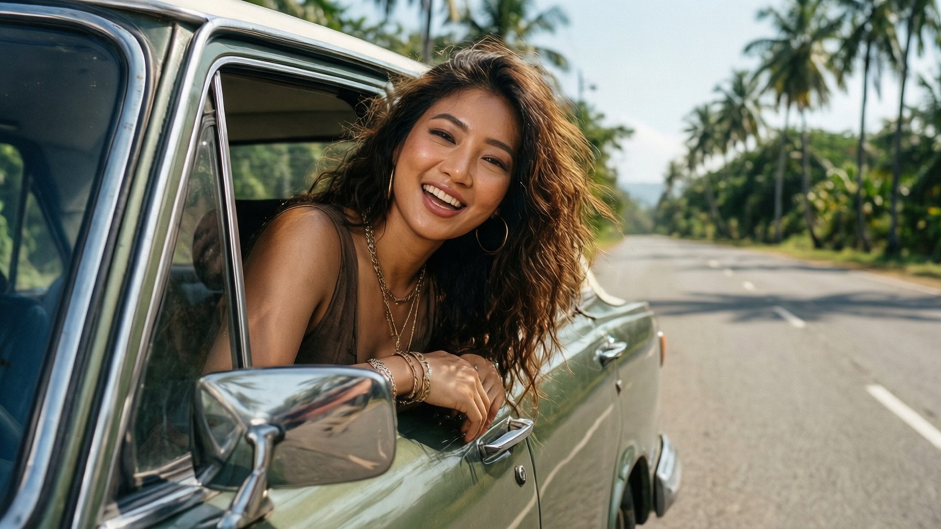 女性在熱帶道路上從車窗微笑，頭髮隨風飄揚。