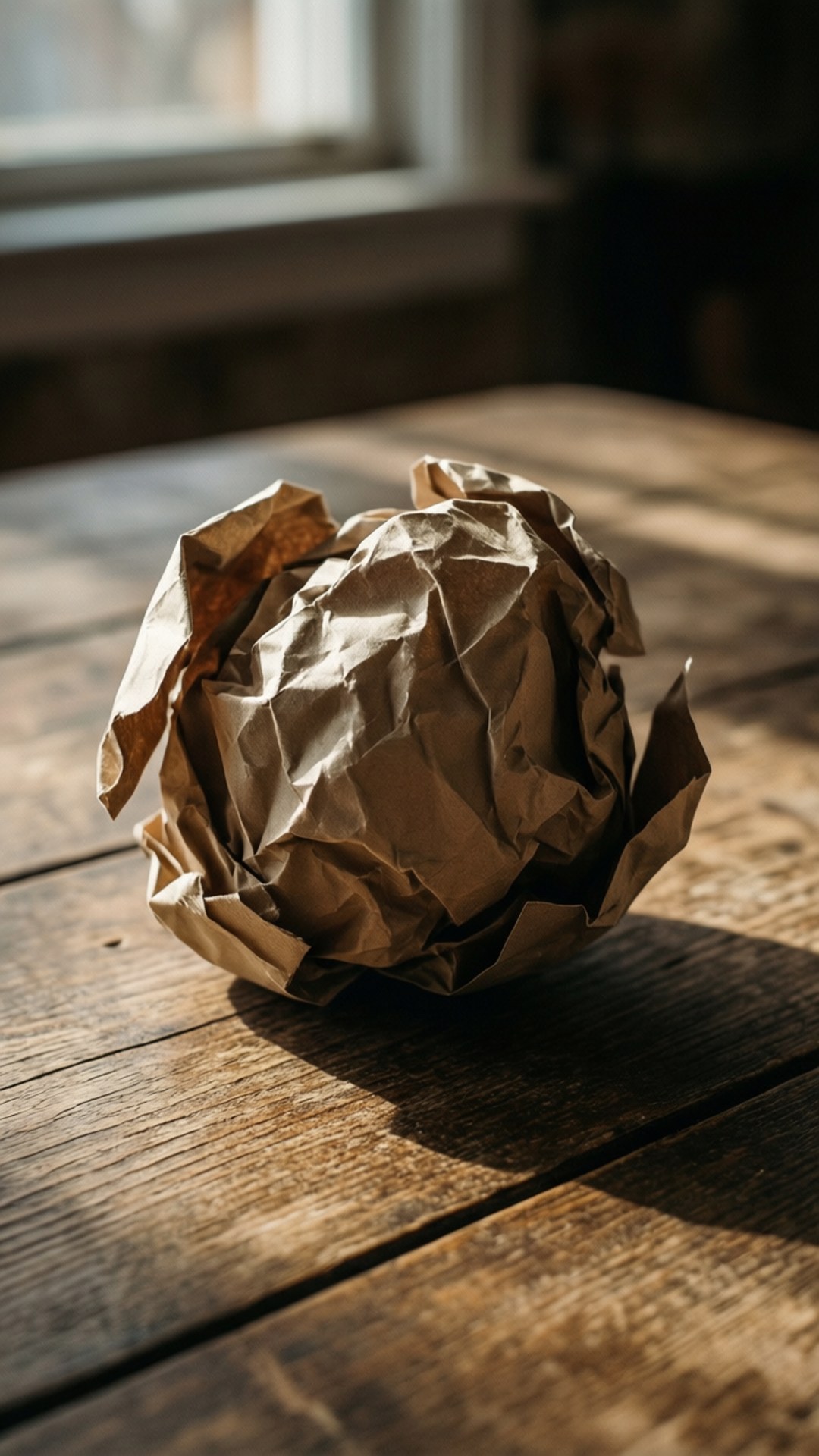 Rustic Crumple 壁紙 — 一個皺巴巴的棕色紙球放在一張飽經風霜的木桌上，沐浴在附近窗戶透進的溫暖陽光中。