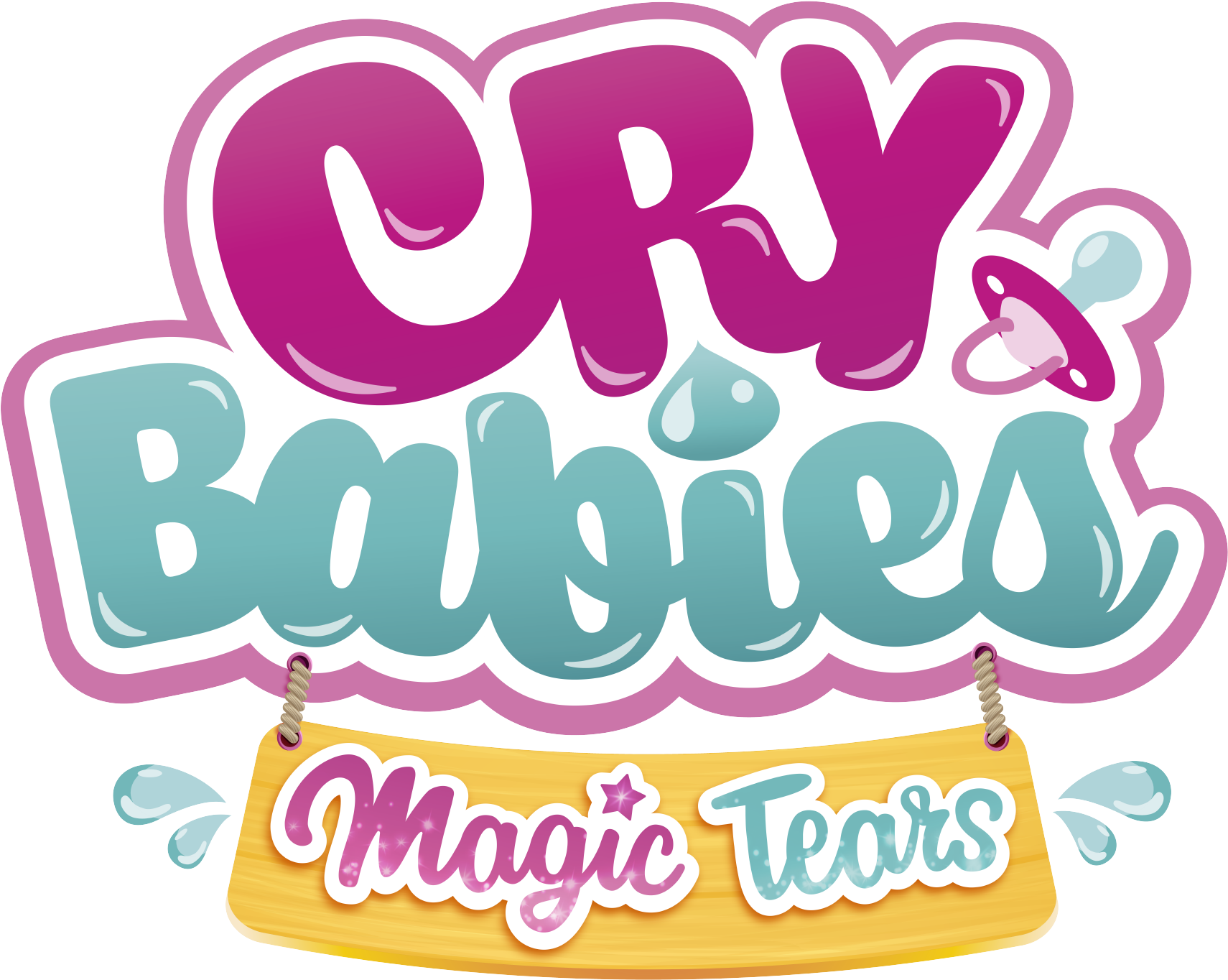 Cry Babies Magic Tears 標誌 壁紙 — 一個有趣的卡通標誌，以粗體粉紅色和青綠色字母寫著「Cry Babies」，配有奶嘴和淚滴，下方木牌上寫著「Magic Tears」。