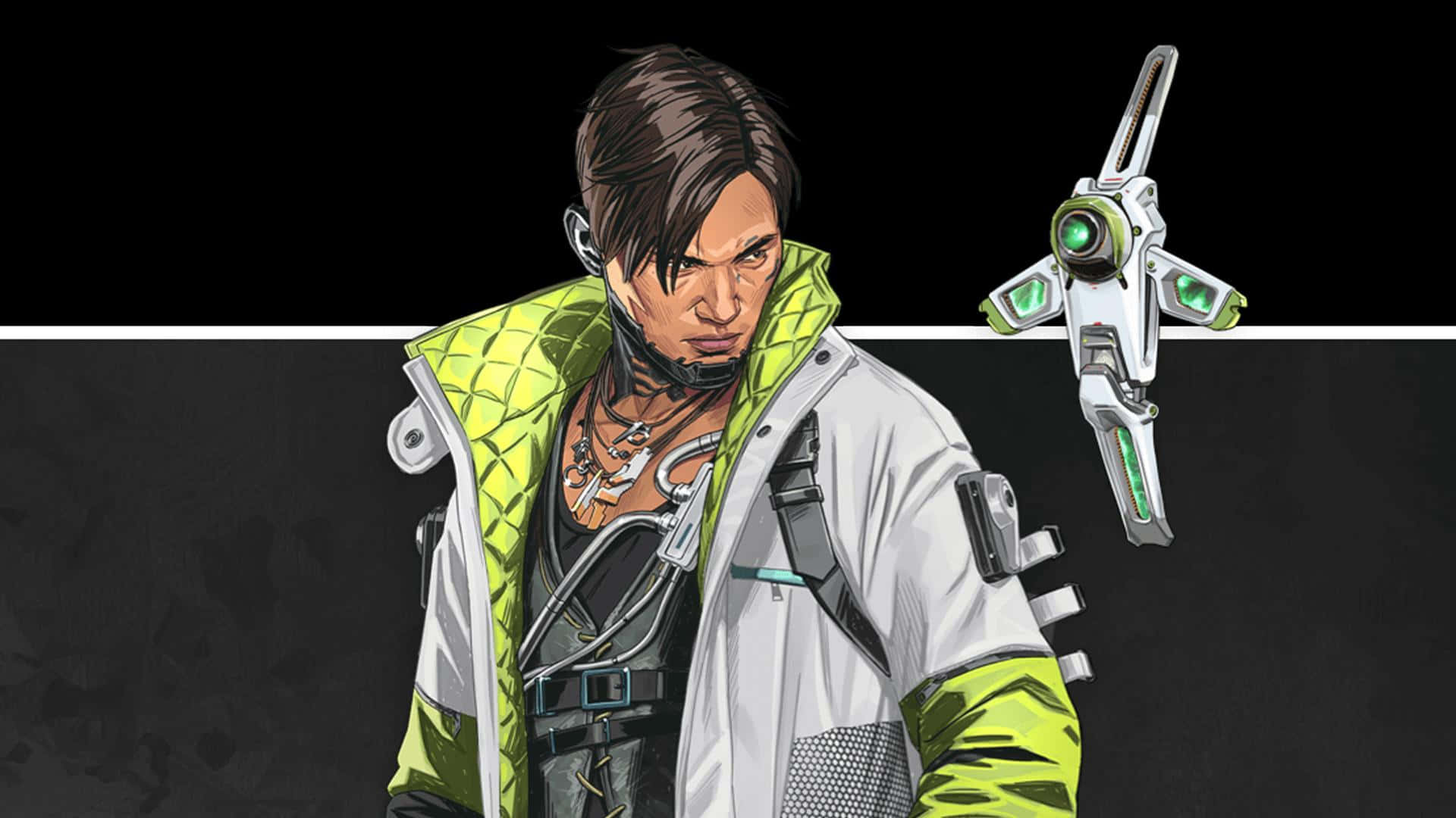 動漫男性玩家身穿螢光外套，手持未來感發光武器。