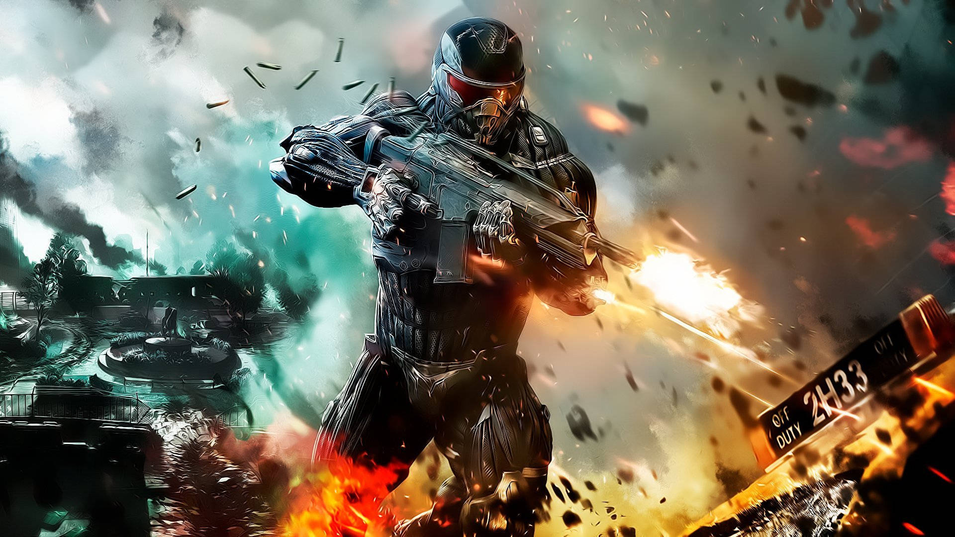 Crysis 2 射擊遊戲：先知士兵 壁紙 — 一名身穿未來裝甲的士兵在爆炸和飛揚的碎片中，於飽受戰爭蹂躪的戰場上發射熾熱的武器。