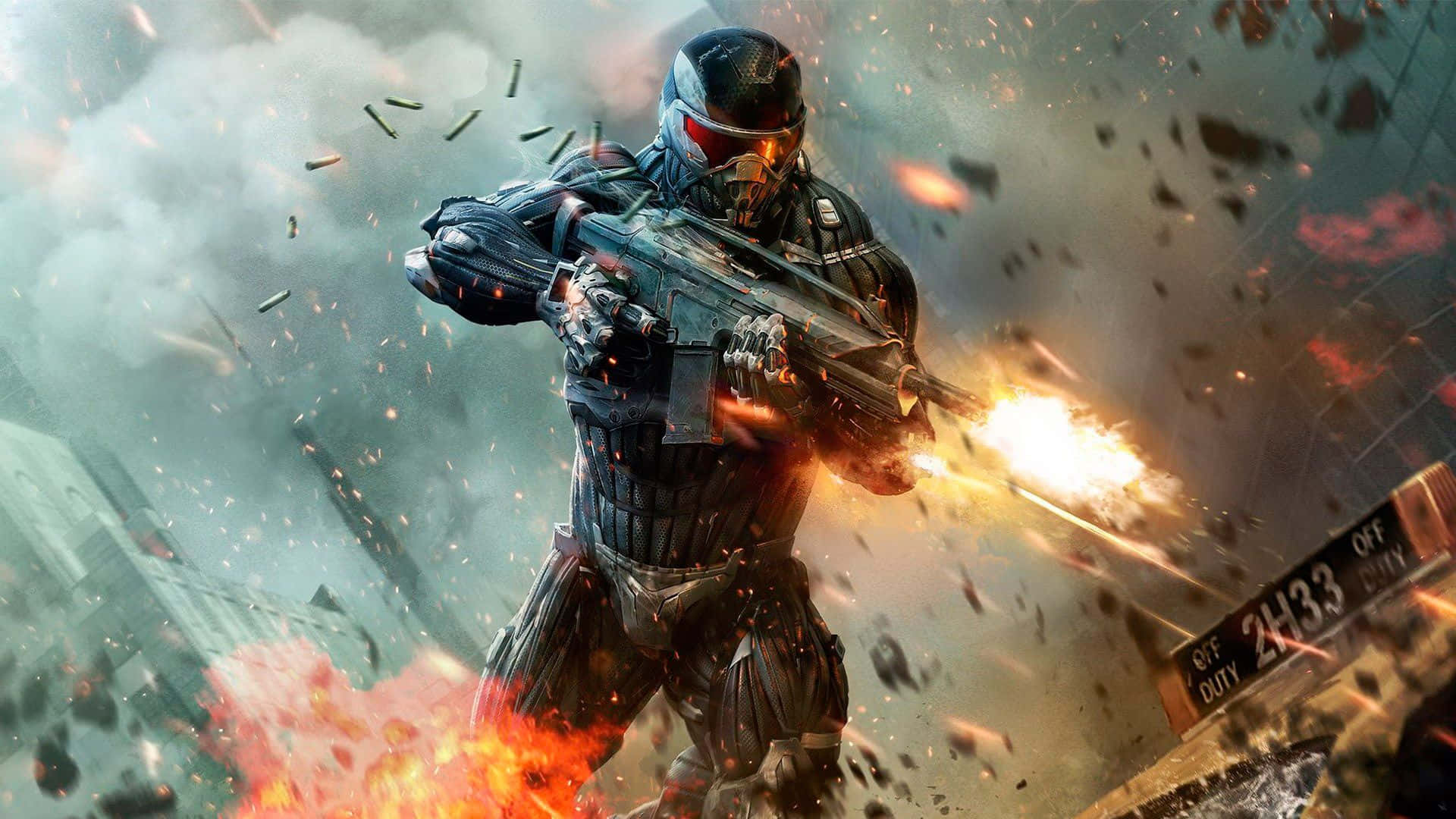 《Crysis 2》遊戲中的「Alcatraz」720p 壁紙 — 一名身穿未來裝甲的士兵在戰火摧殘的城市戰場中，於爆炸和飛揚的碎片之間開火。