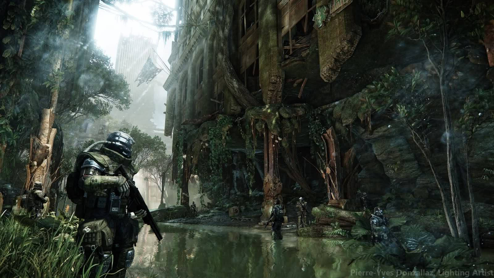 Crysis 3 CELL 軍隊守衛 壁紙 — 士兵在霧氣籠罩的光線下，穿越被洪水淹沒的廢墟，大自然正在吞噬倒塌的城市景觀。