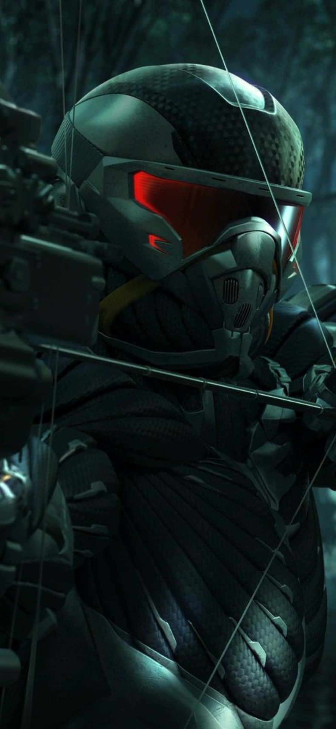 以 Crysis 3 升級您的手機 壁紙 — 一位身穿暗色盔甲、配備紅色發光護目鏡的未來弓箭手，在陰暗的森林中瞄準弓箭。