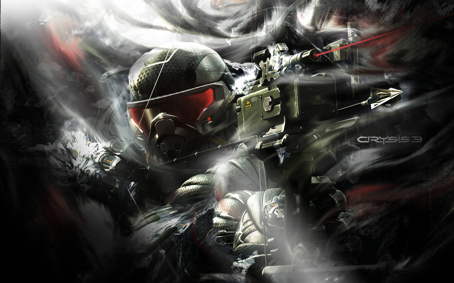 Crysis 3 先知煙霧中 壁紙 — 一名身穿未來裝甲的士兵在煙霧和碎片中發射高科技武器，呈現 gritty 的戰鬥場景。