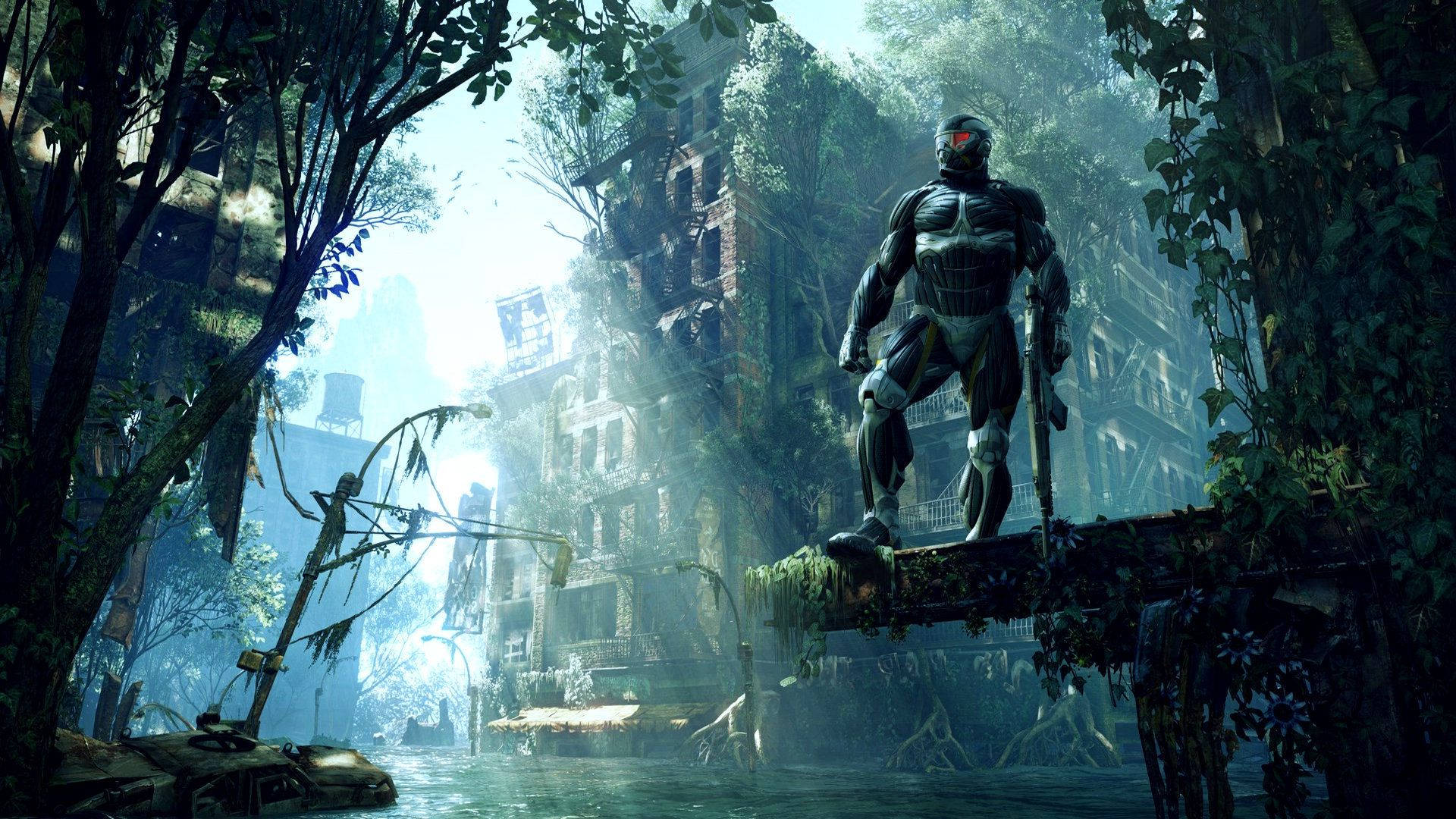 Crysis 3 先知立於鋼鐵 壁紙 — 一個孤獨的裝甲身影站在長滿青苔的廢墟上，陽光普照的叢林正在吞噬著一個衰敗的城市景觀。