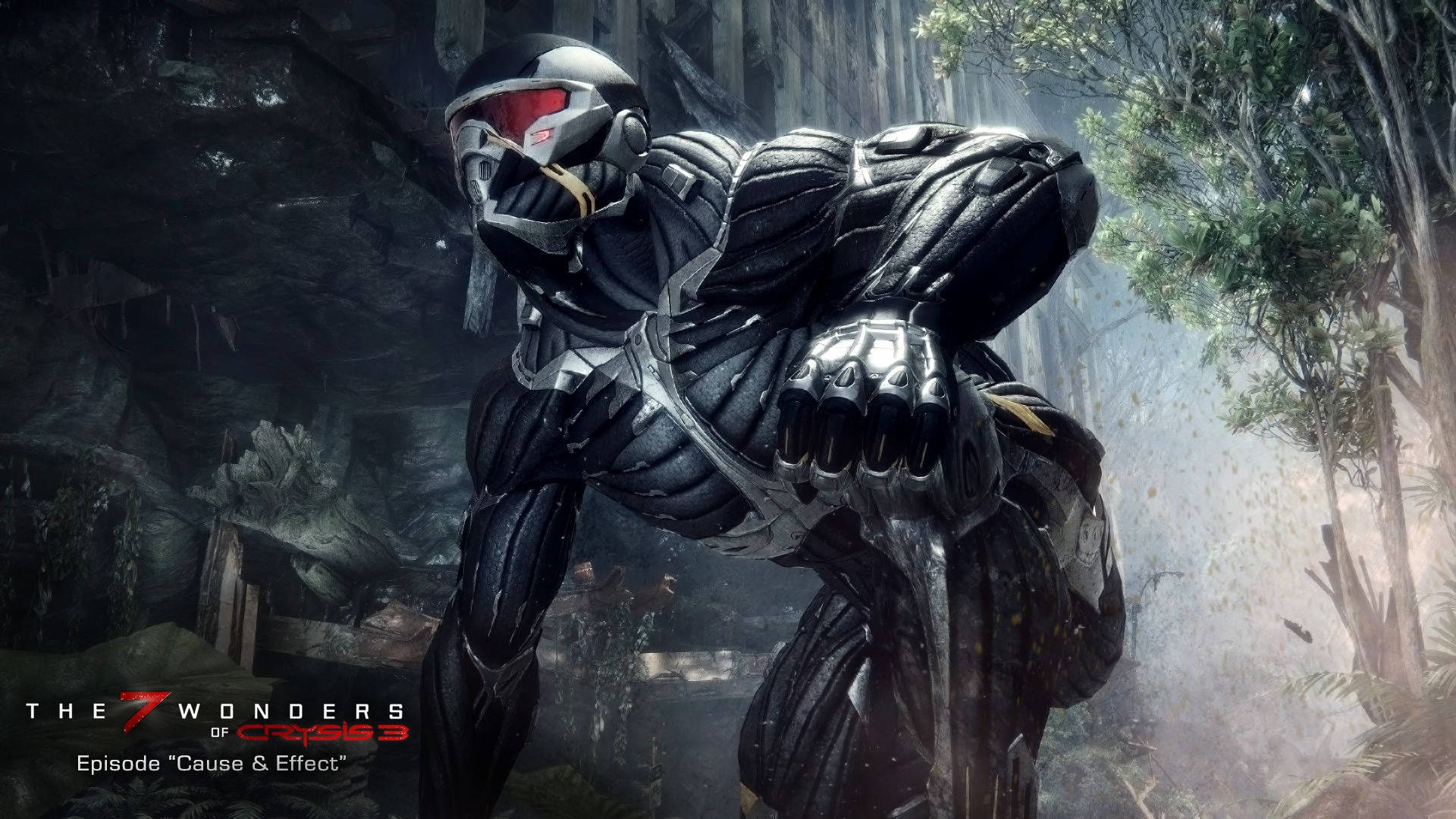 Crysis 3 先知跪地 壁紙 — 一名身穿重甲的未來戰士蹲在霧氣瀰漫的森林空地中，戴著發光的紅色護目鏡和精細的黑色盔甲。