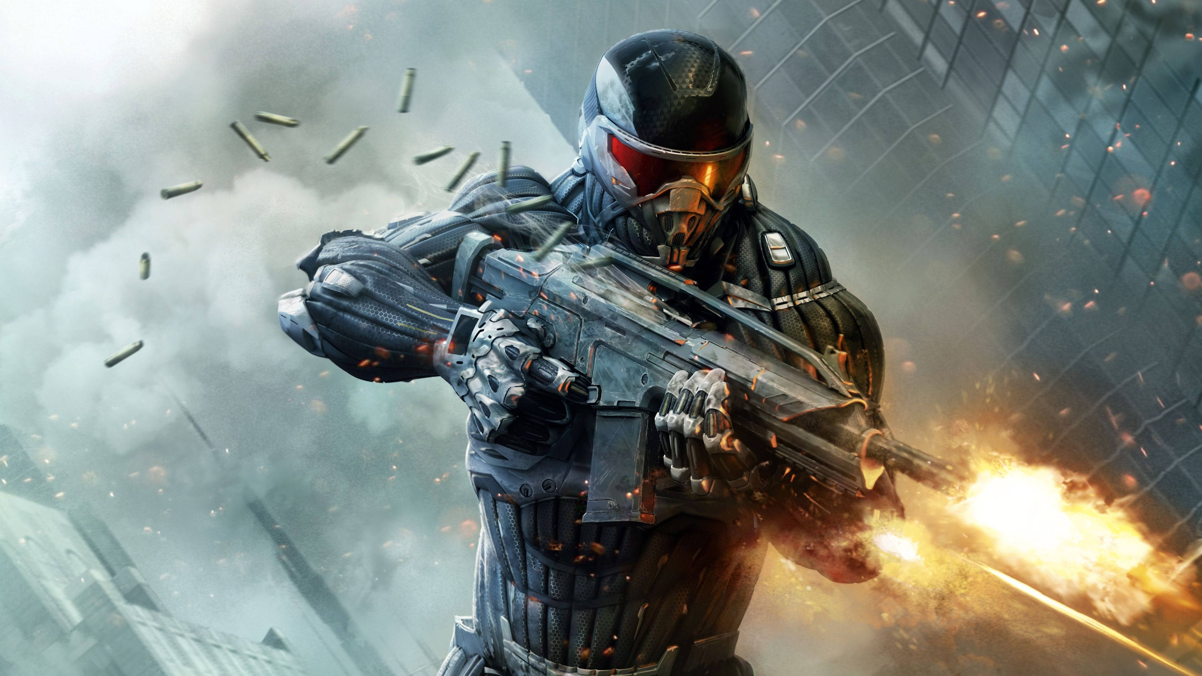 Crysis 3 先知開火 壁紙 — 一名身穿未來裝甲的士兵在煙霧和飛舞的子彈中，於 gritty 的城市戰場上開火射擊步槍。