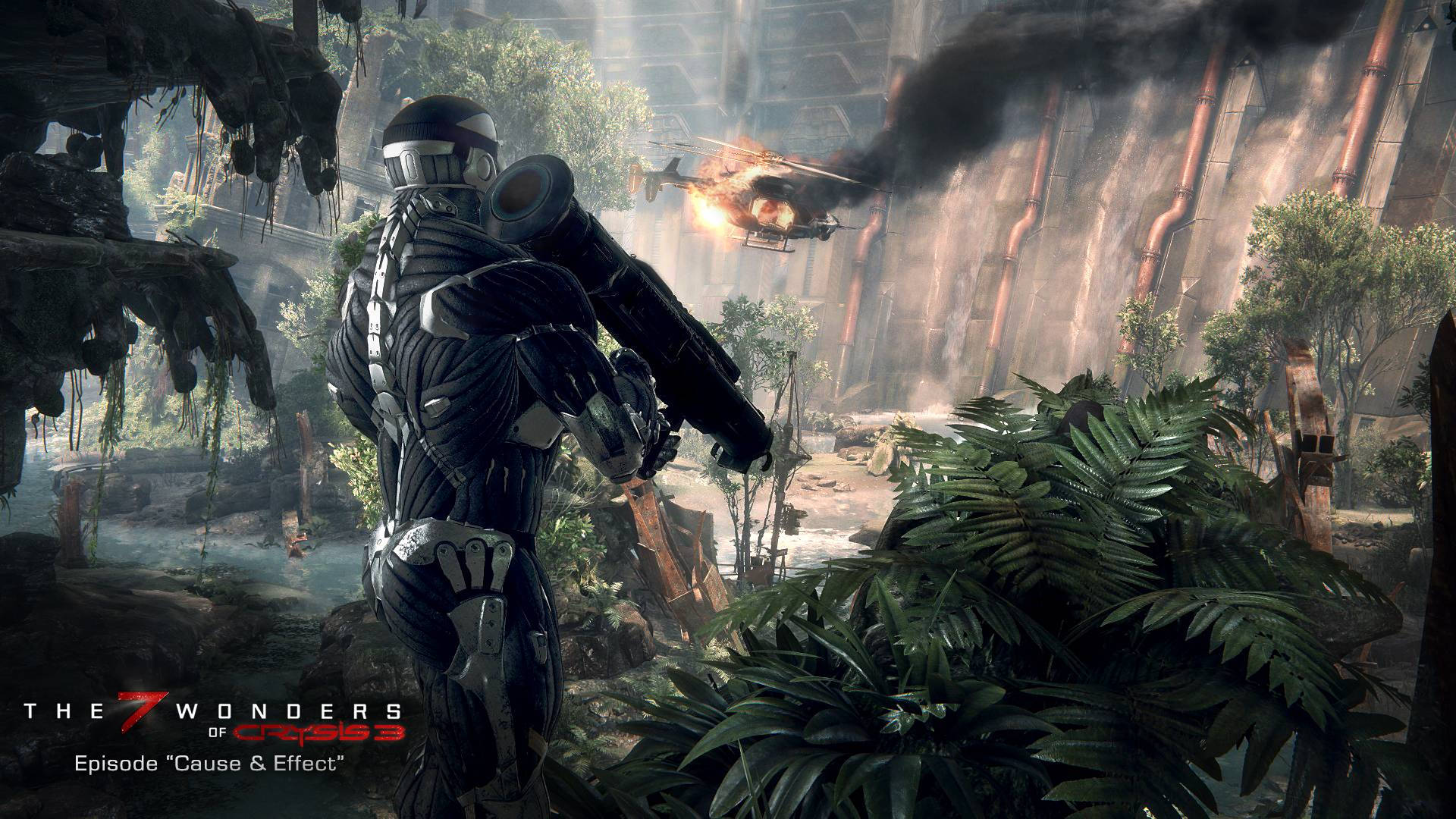 Crysis 3 因果律 壁紙 — 一名身穿未來裝甲的士兵站在叢林空地上，身後一架燃燒的直升機穿過工業廢墟墜落。