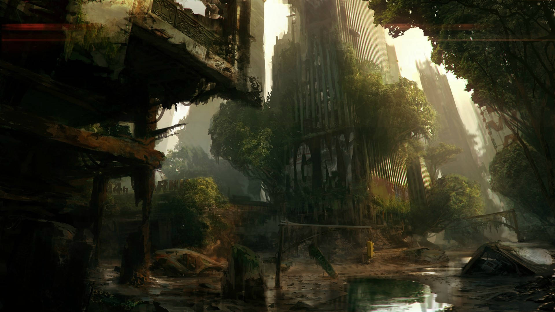 Crysis 3 城市廢墟 壁紙 — 陽光穿過高聳的樹木，重新佔領了廢棄的未來城市景觀，到處是雜草叢生的建築物和反射的水坑。