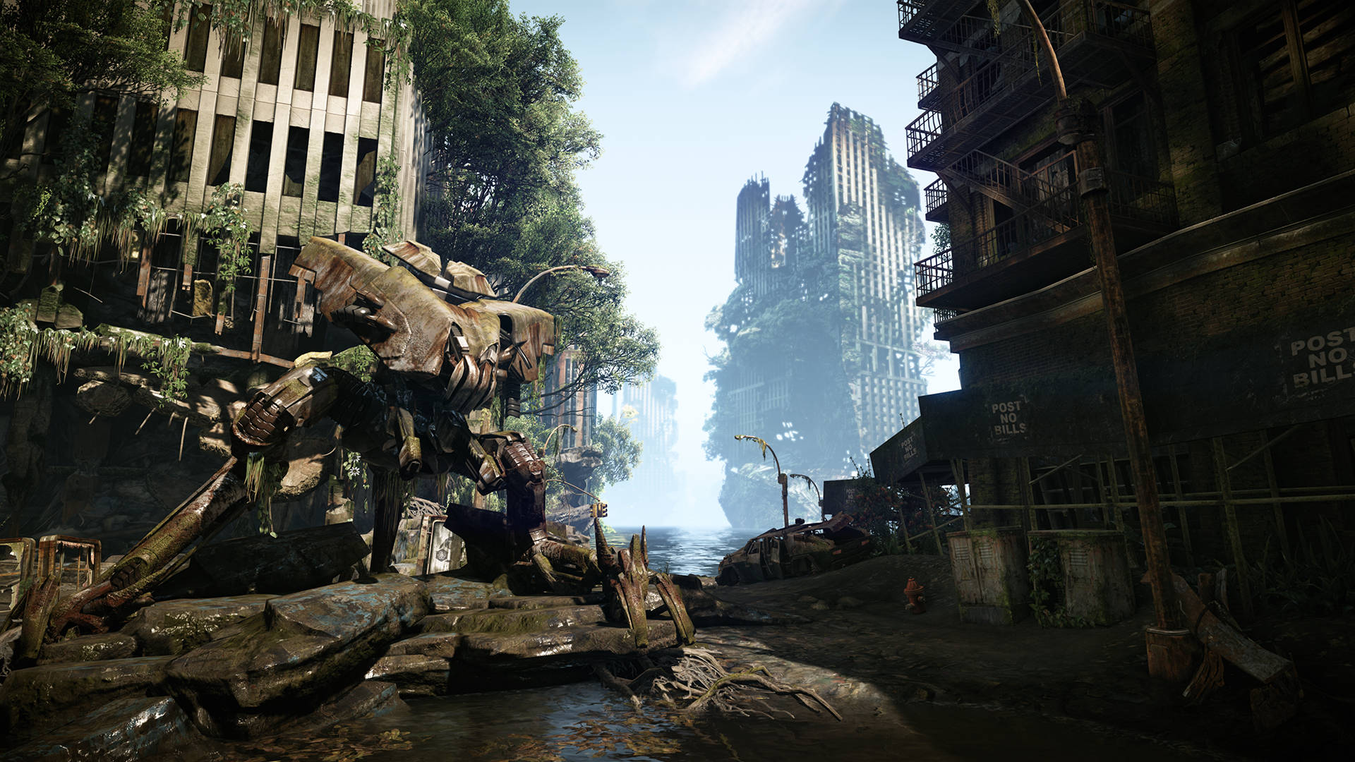 Crysis 3 外星賽普 壁紙 — 一個巨大的生鏽機甲被遺棄在淹沒的城市廢墟中，廢墟上長滿了藤蔓和樹木，天空明亮。