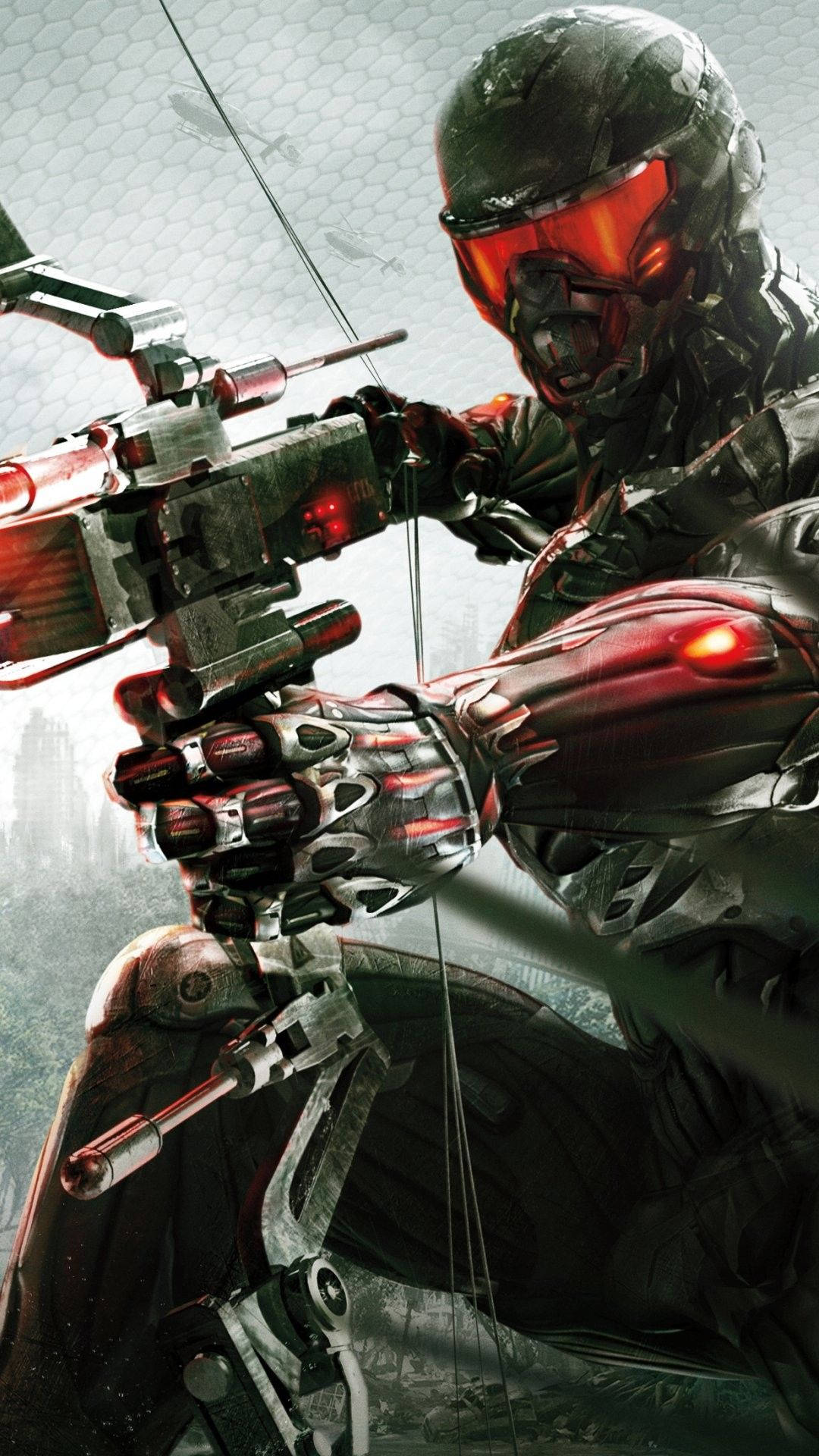 Crysis 3 外骨骼裝甲 壁紙 — 一名身穿黑色盔甲、配備紅色發光護目鏡的未來戰士，在粗糙的城市背景下瞄準一把高科技弓。