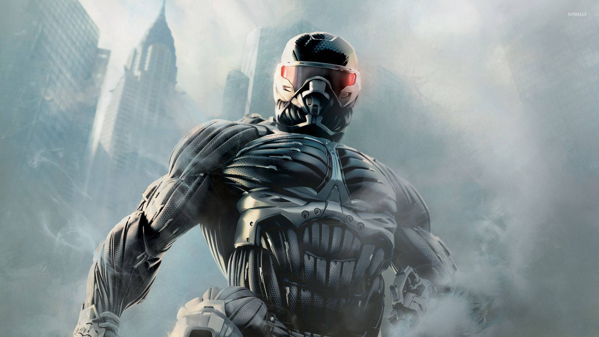 Crysis 3 強力納米戰甲 壁紙 — 一名身穿重甲、雙眼發出紅光的未來戰士，站在煙霧瀰漫的城市天際線中。